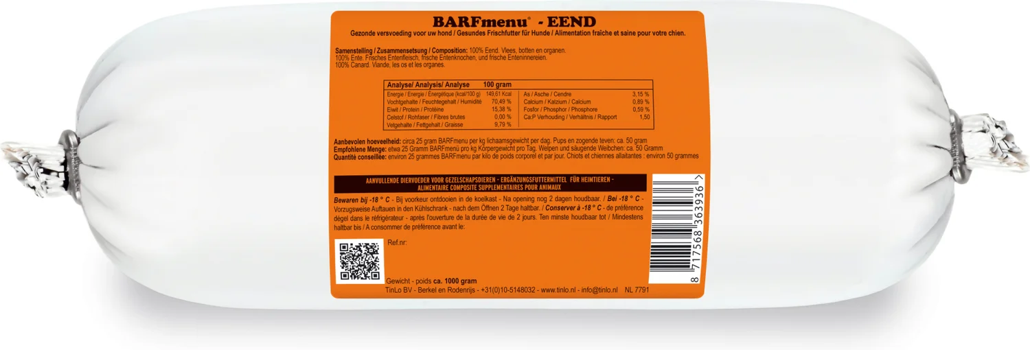 BARFmenu diepvries hondenvoer eend 1 kg