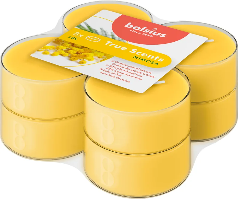 Bolsius geurkaars True Scents Mimosa geel 8 uur D 5,5 H 2,2 cm 8 stuks