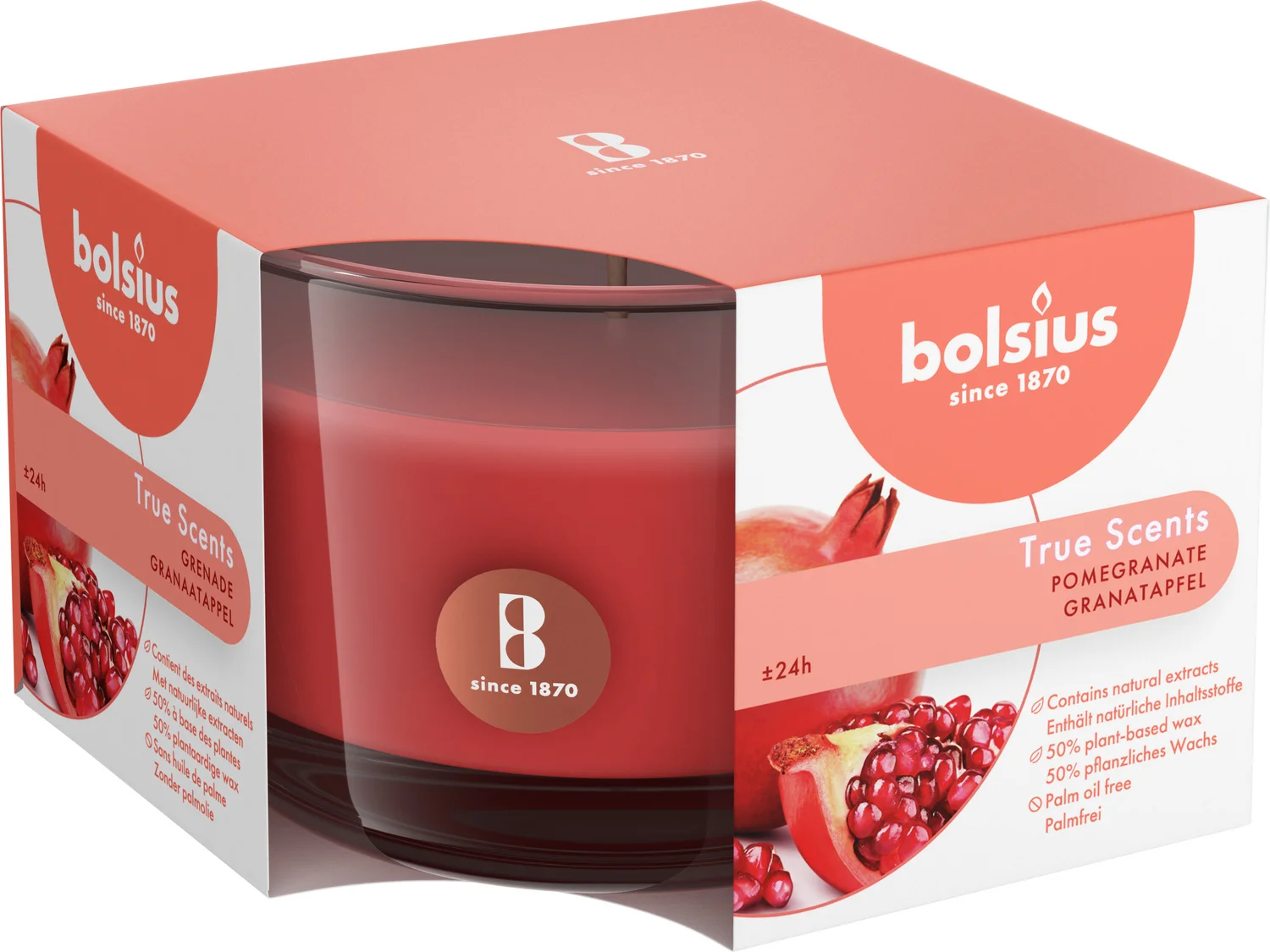 Bolsius geurkaars True Scents Pomegranate rood 24 uur 9,2 x 9,4 x 6,6 cm