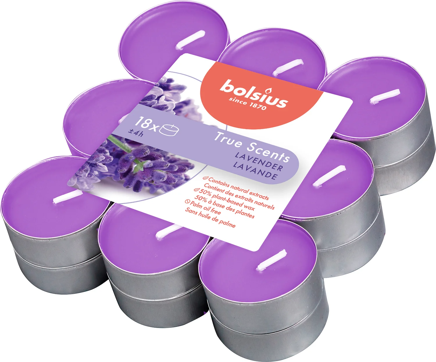 Bolsius geurkaars True Scents Lavendel paars 4 uur 18 stuks