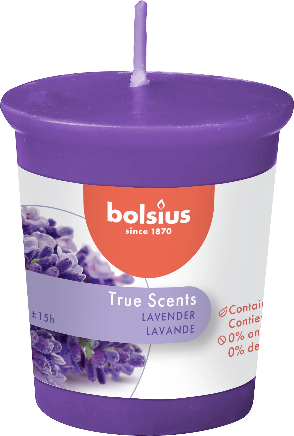 Bolsius geurkaars True Scents Lavendel paars 15 uur D 4,5 H 5,3 cm