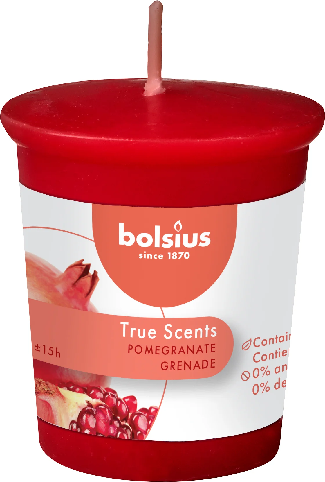 Bolsius geurkaars True Scents Pomegranate rood 15 uur D 4,5 H 5,3 cm
