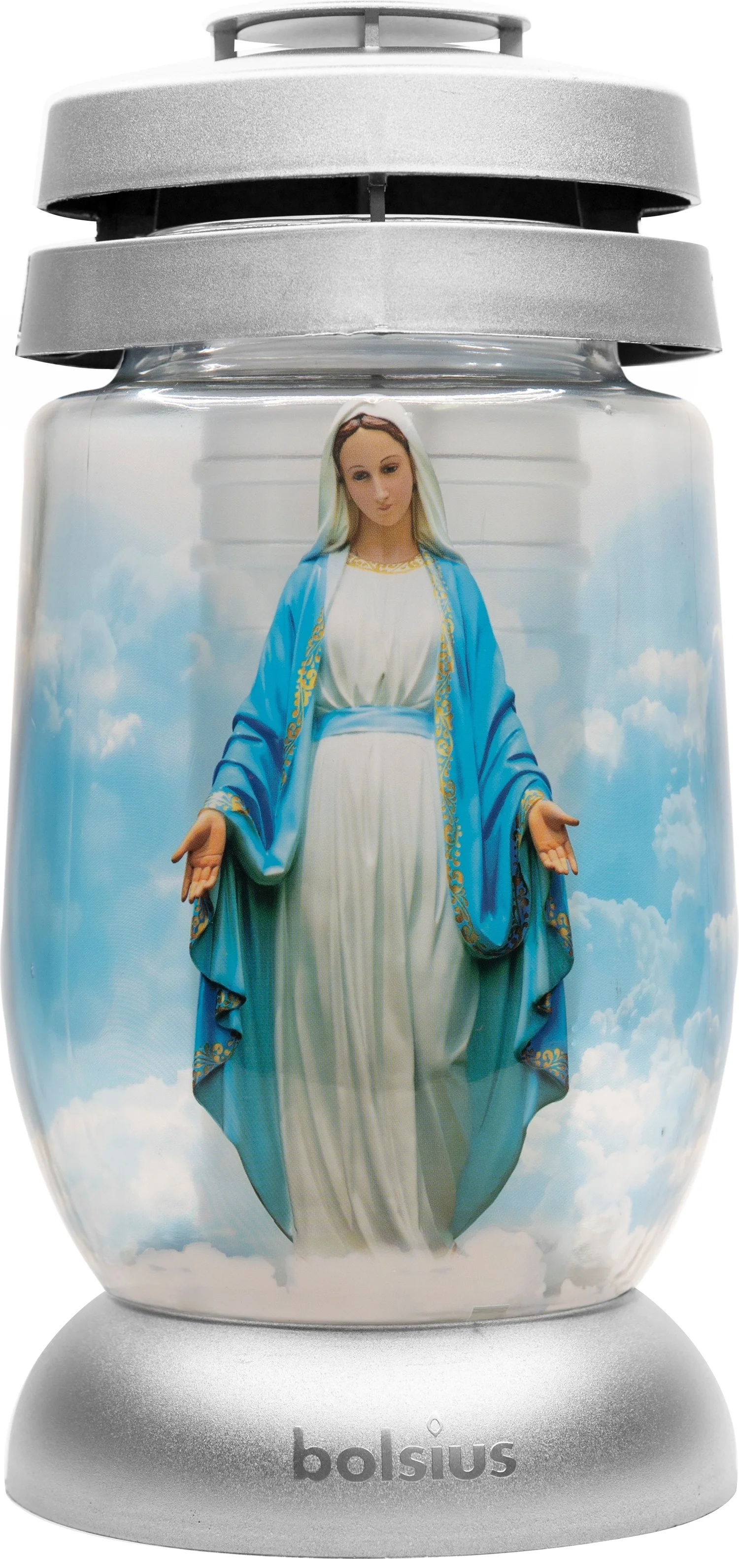 Bolsius herdenkingslicht Maria zilver / blauw 36 uur D 11 H 22,4 cm