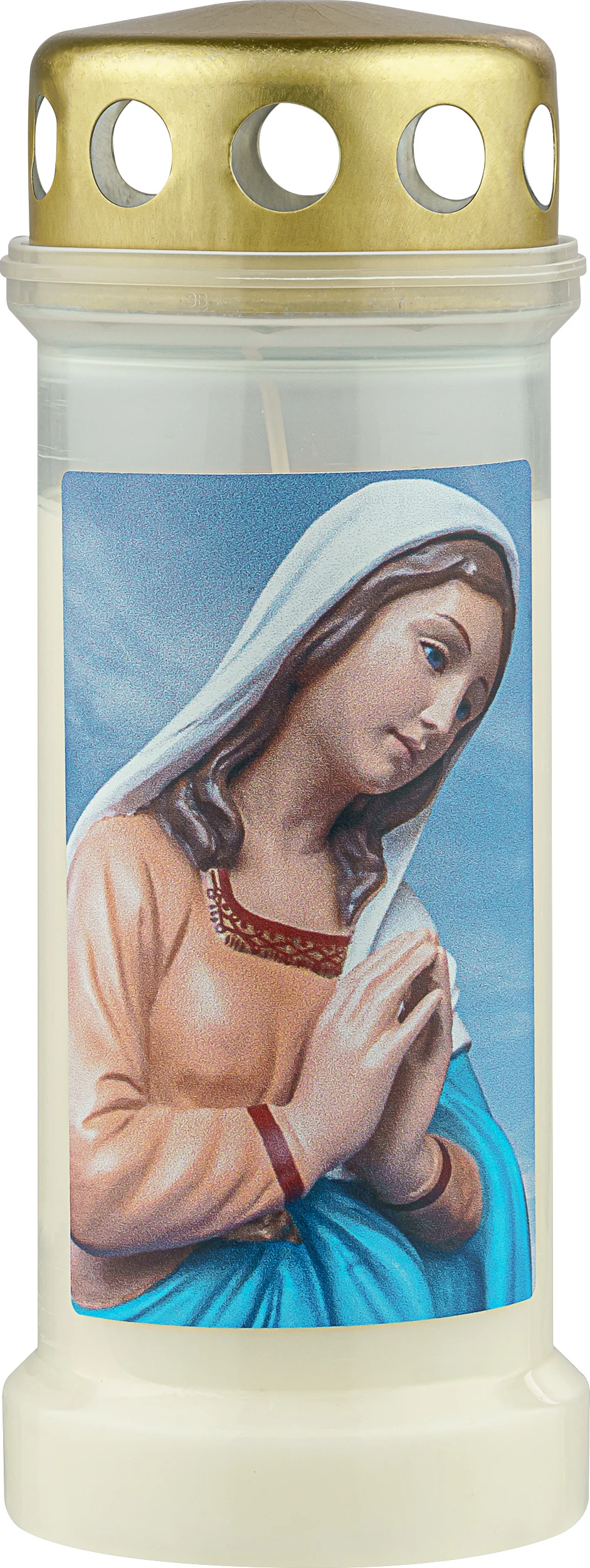 Bolsius herdenkingslicht Maria goud / wit / blauw 70 uur D 6,7 H 17,3 cm