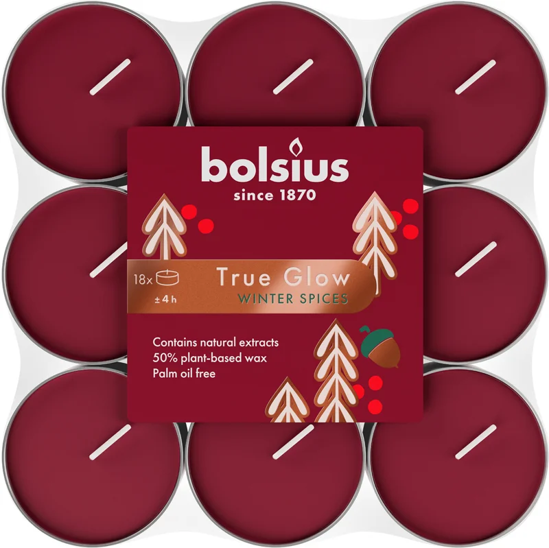 Bolsius geurwaxinelichten True Glow Winter Spices rood 4 uur 11,5 x 11,5 x 3,1 cm 18 stuks