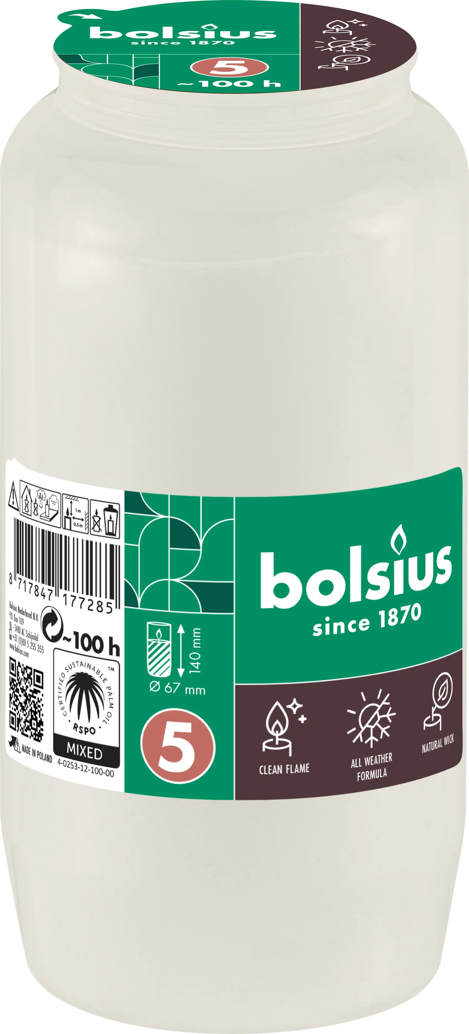 Bolsius herdenkingslicht nr 5 wit 100 uur D 6,7 H 14,1 cm