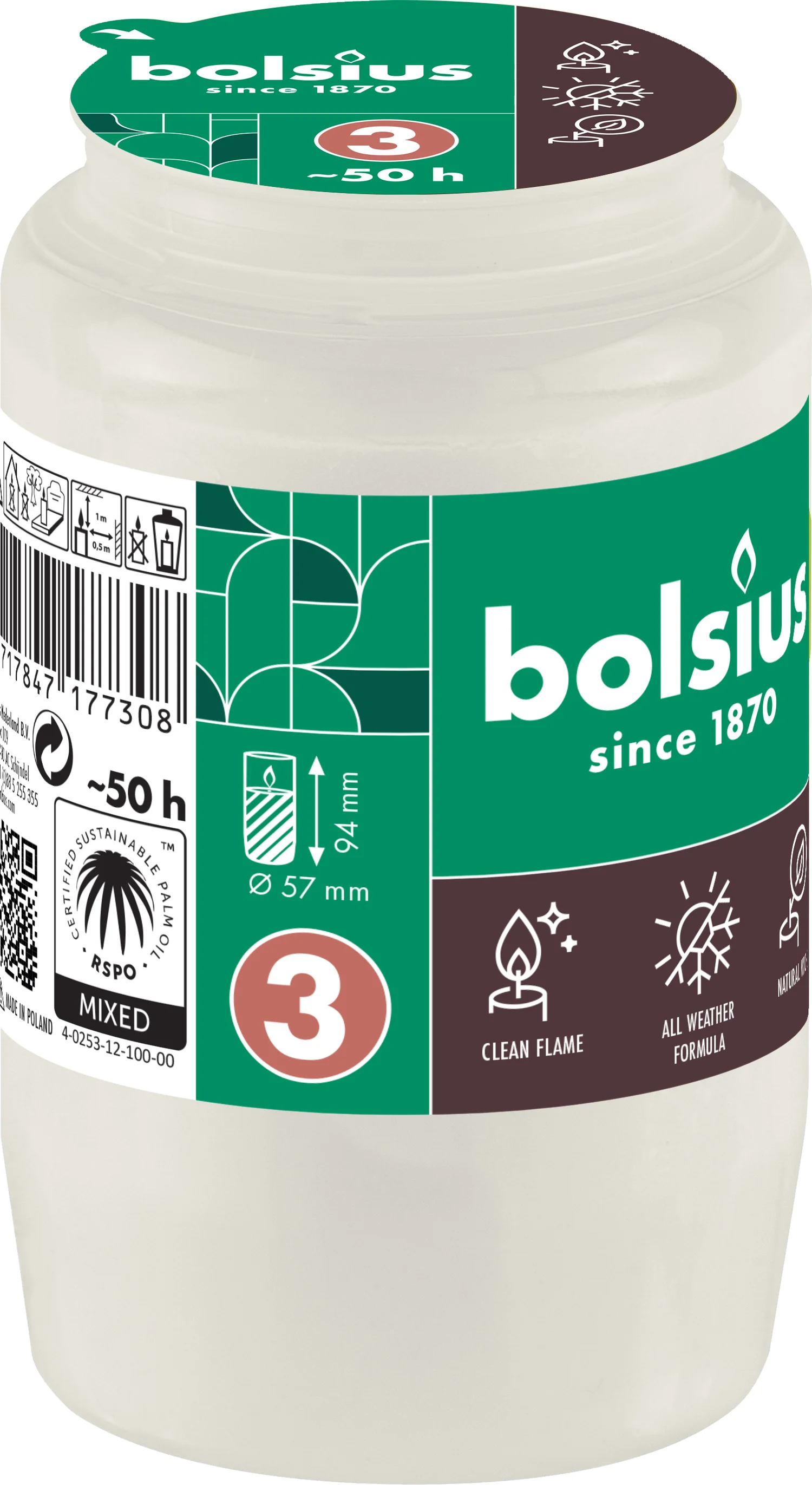 Bolsius herdenkingslicht nr 3 wit 50 uur D 5,7 H 9,4 cm