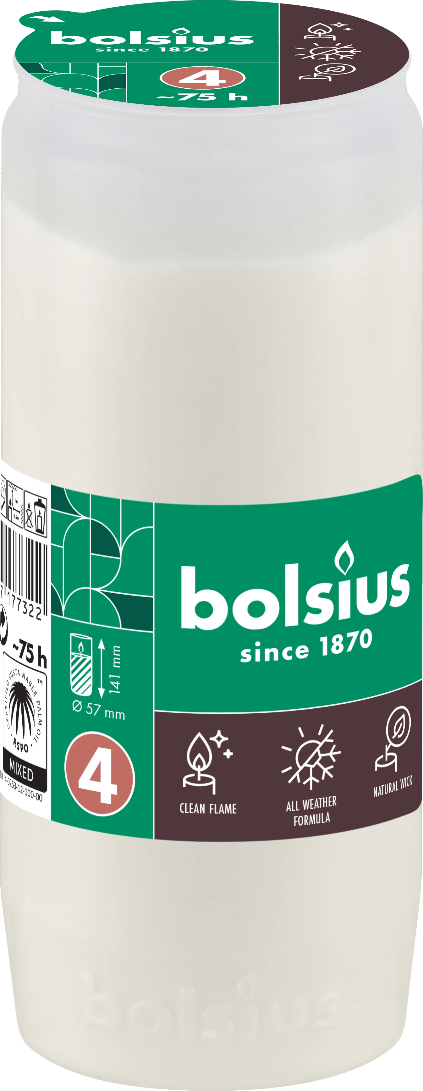 Bolsius herdenkingslicht wit 75 uur D 5,7 H 14 cm
