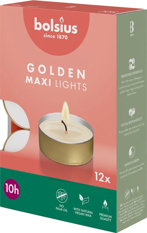 Bolsius waxinelicht Classic wit / goud 10 uur D 6 H 2 cm stuks 12