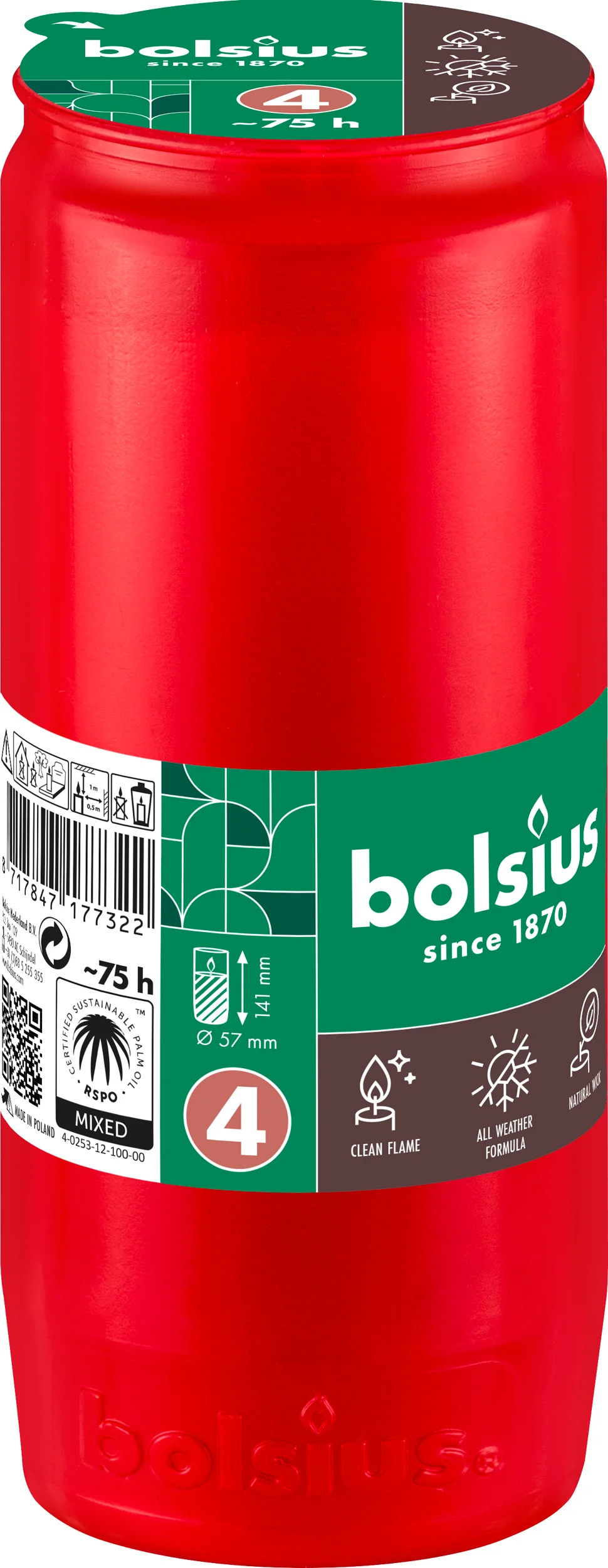 Bolsius herdenkingslicht rood 75 uur D 5,7 H 14 cm