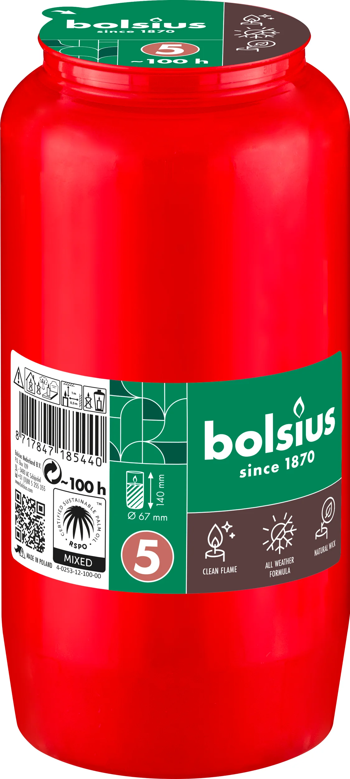 Bolsius herdenkingslicht nr 5 rood 100 uur D 6,7 H 14,1 cm