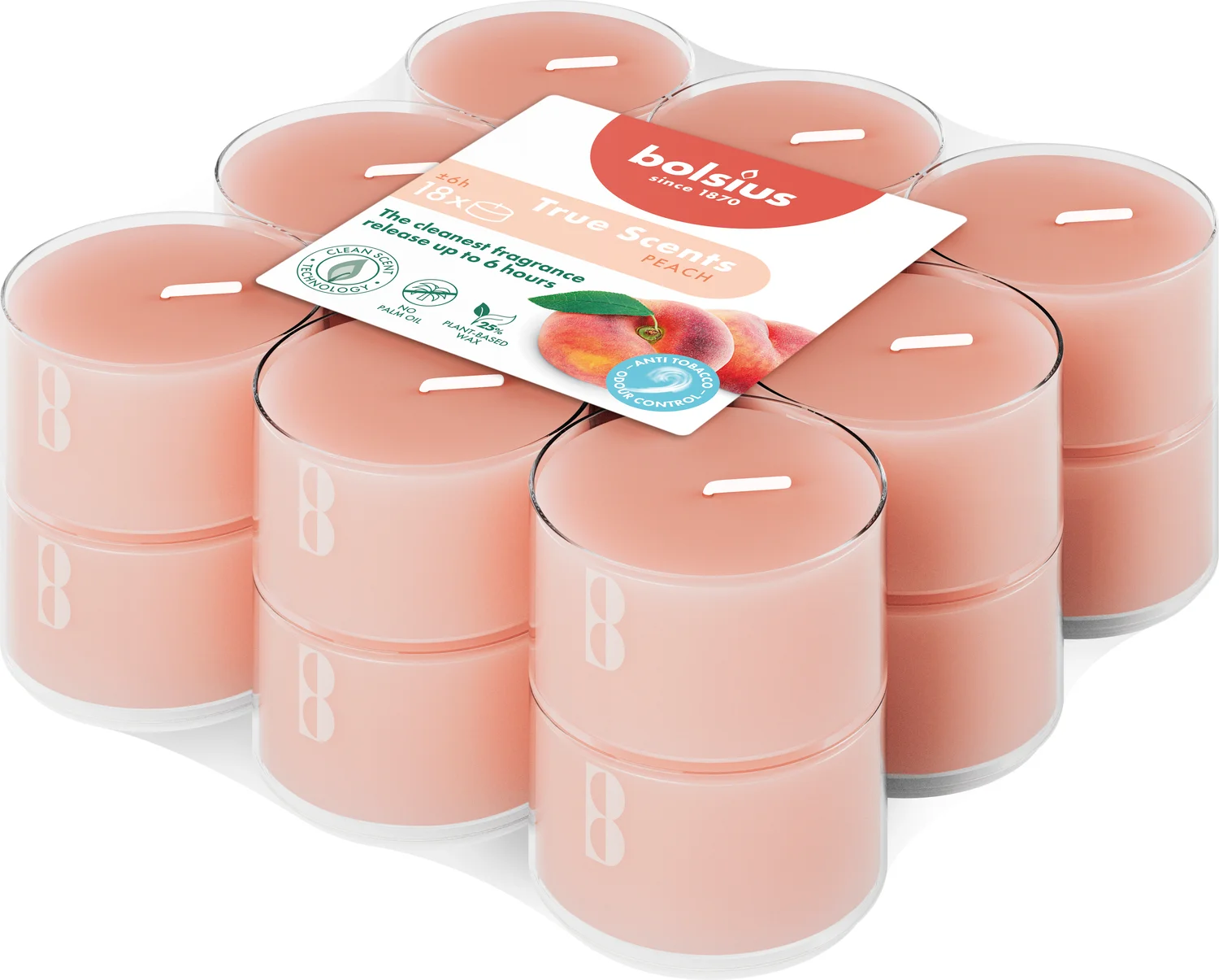 Bolsius geurkaars True Scents Peach oranje 6 uur D 3,5 H 1,8 cm 18 stuks