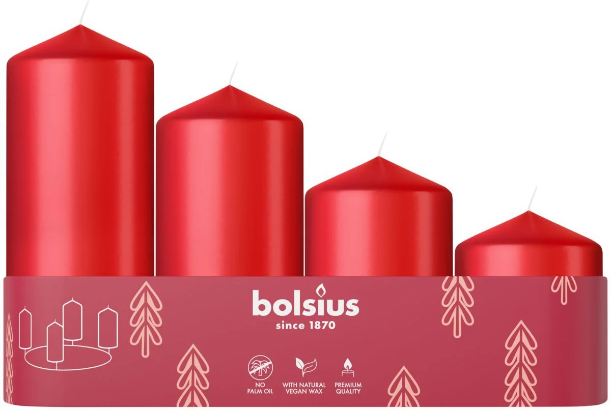 Bolsius stompkaars rood 10 uur D 5 H 12 cm 4 stuks