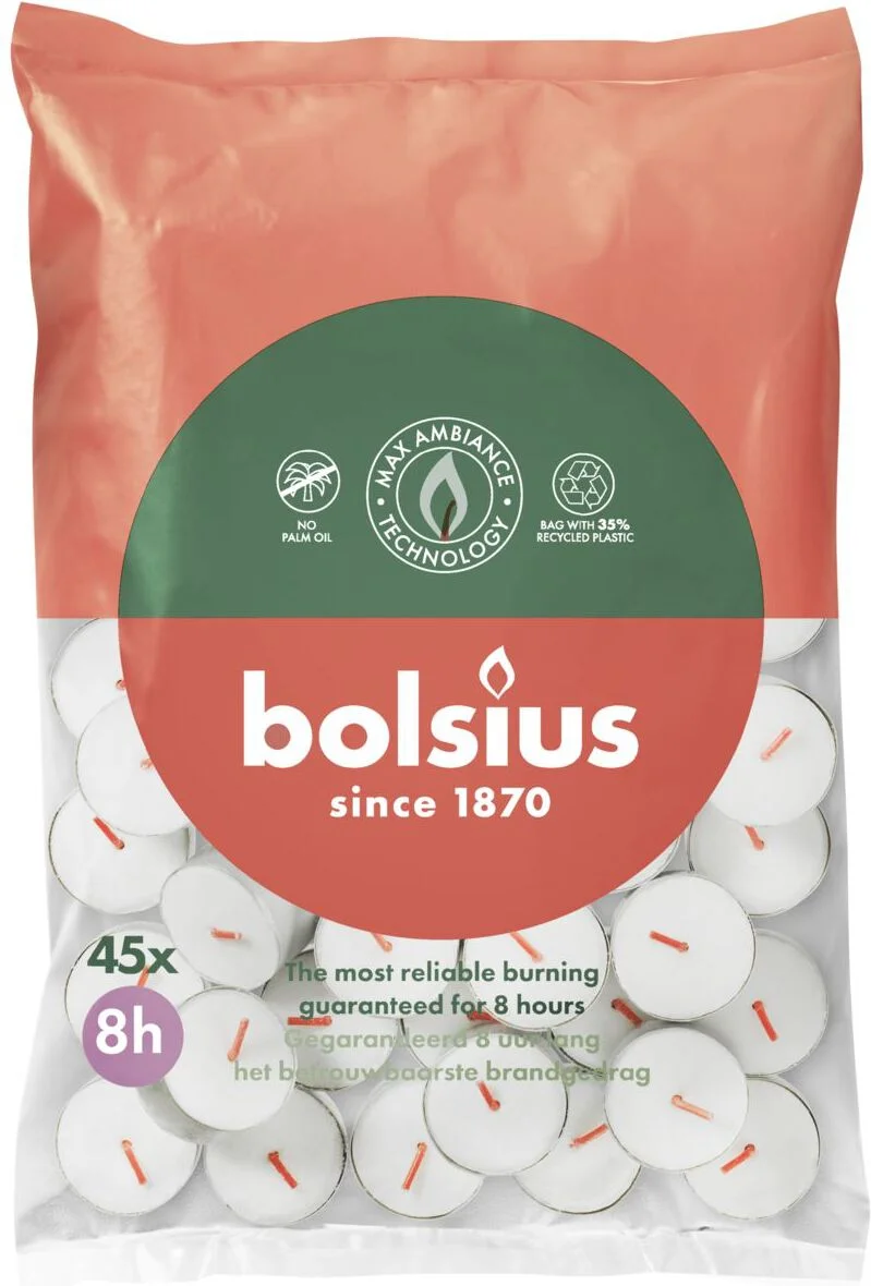 Bolsius waxinelicht wit 8 uur D 3,5 H 1,5 cm 45 stuks