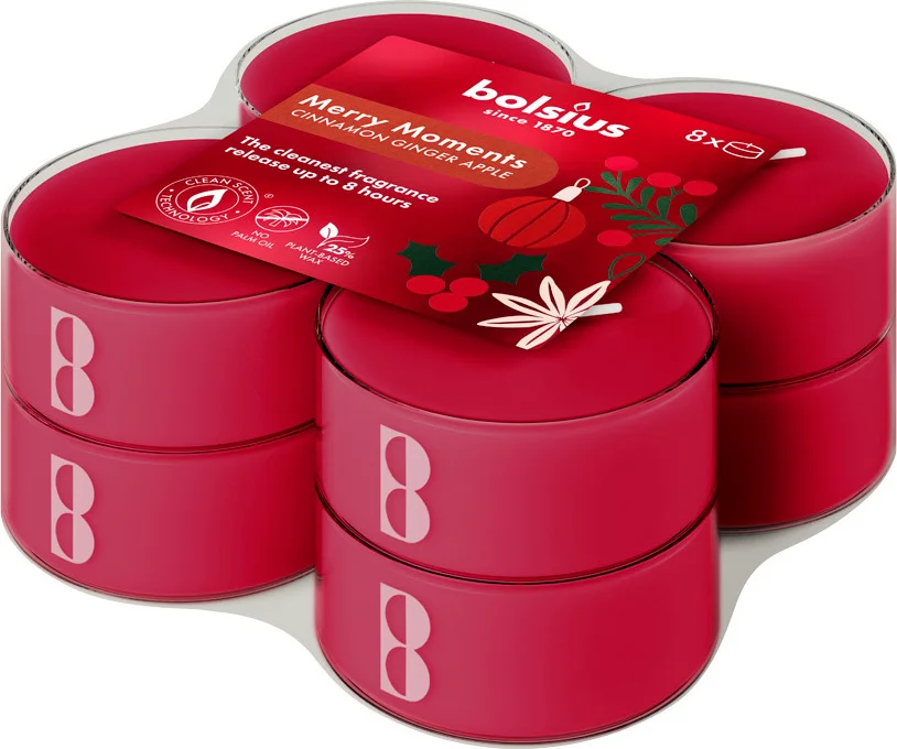 Bolsius geurtheelicht True Glow Merry Moments rood 8 uur D 5,5 H 2 cm 8 stuks