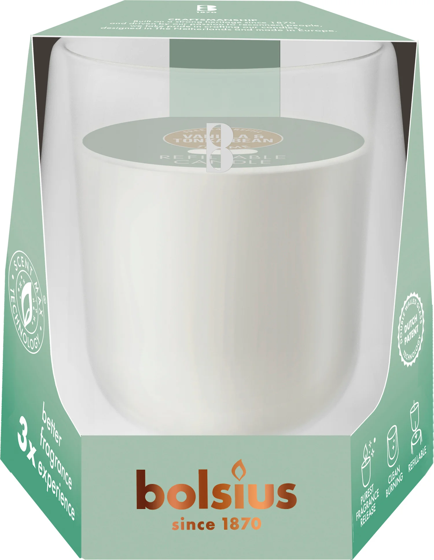 Bolsius geurkaars CleanLight starterkit Vanilla & Tonkabean wit 24 uur D 9,1 H 8,3 cm