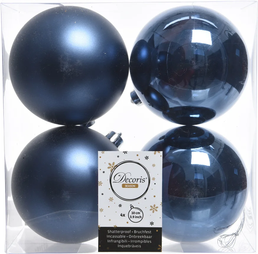 Decoris kerstbal donkerblauw D 10 cm 4 stuks