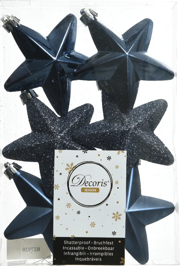 Decoris kerst ornament ster blauw 7,5 x 7,5 x 2 cm 6 stuks
