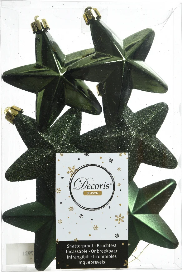 Decoris kerst ornament ster groen 7,5 x 7,5 x 2 cm 6 stuks