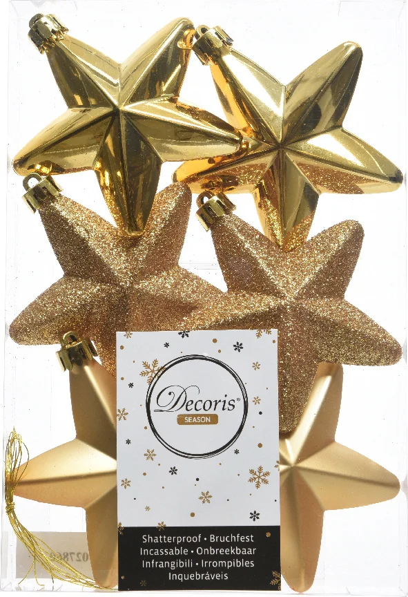 Decoris kerst ornament ster goud 7,5 x 7,5 x 2 cm 6 stuks