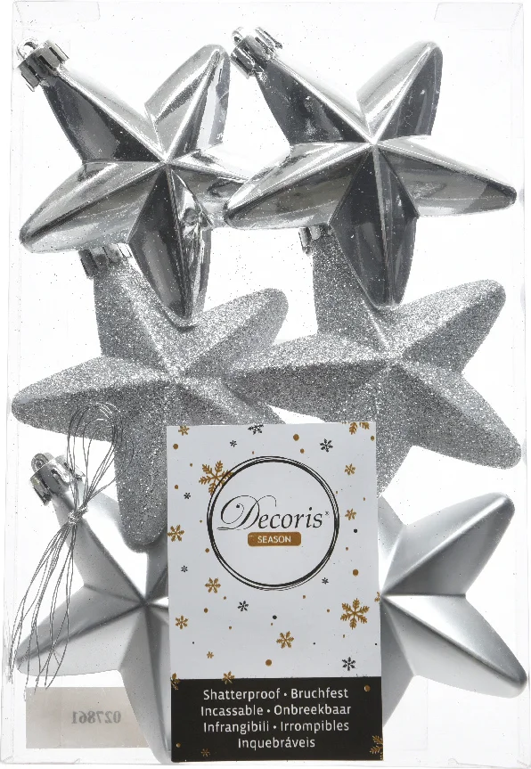 Decoris kerst ornament ster zilver 7,5 x 7,5 x 2 cm 6 stuks