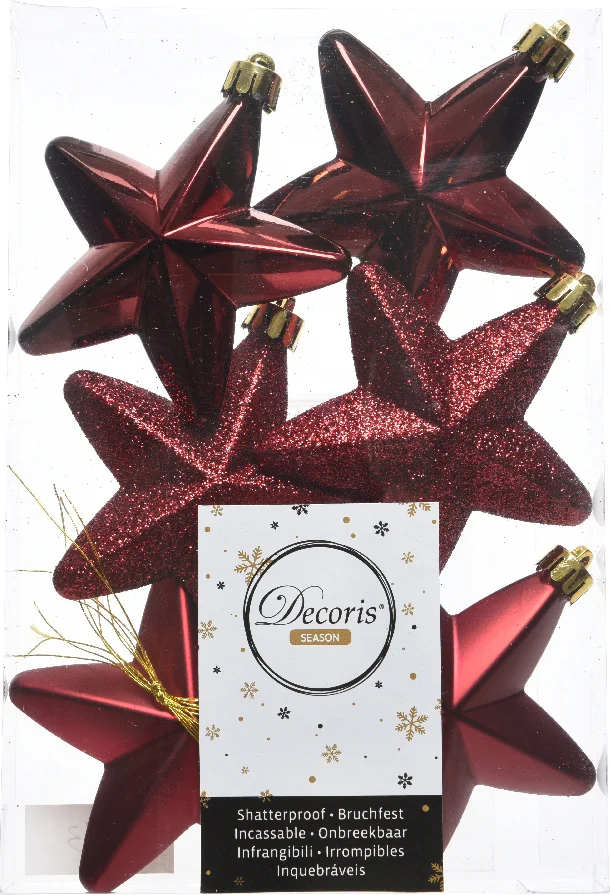 Decoris kerst ornament ster bordeaux 7,5 x 7,5 x 2 cm 6 stuks
