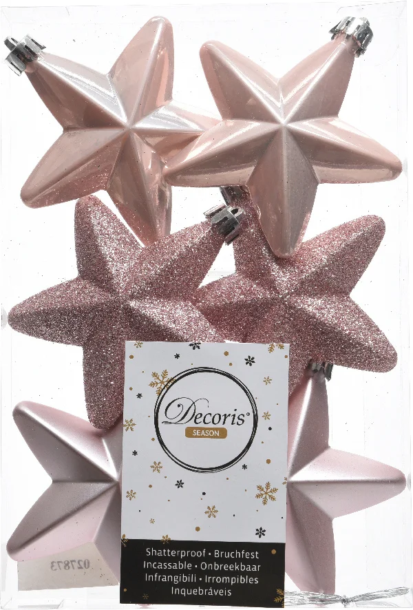 Decoris kerst ornament ster Aafke roze 7,5 x 7,5 x 2 cm 6 stuks