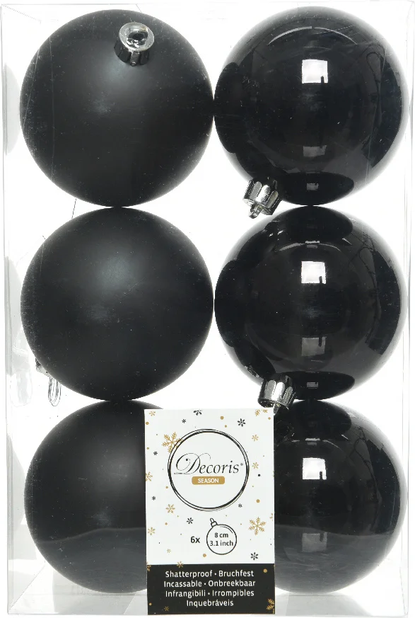 Decoris kerstbal zwart D 8 cm 6 stuks