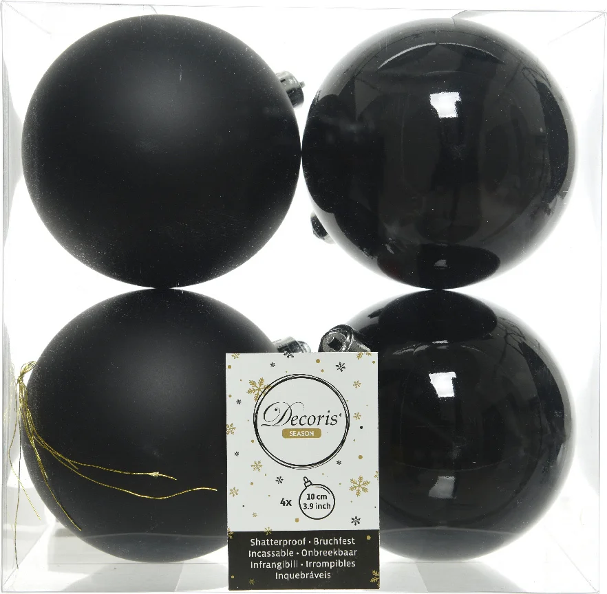 Decoris kerstbal zwart D 10 cm 4 stuks