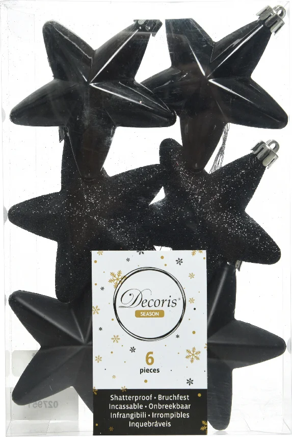 Decoris kerst ornament ster Aafke zwart D H 7,5 cm 6 stuks