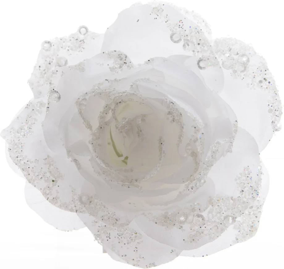 Decoris kerstclip roos met glitters D 14 cm wit