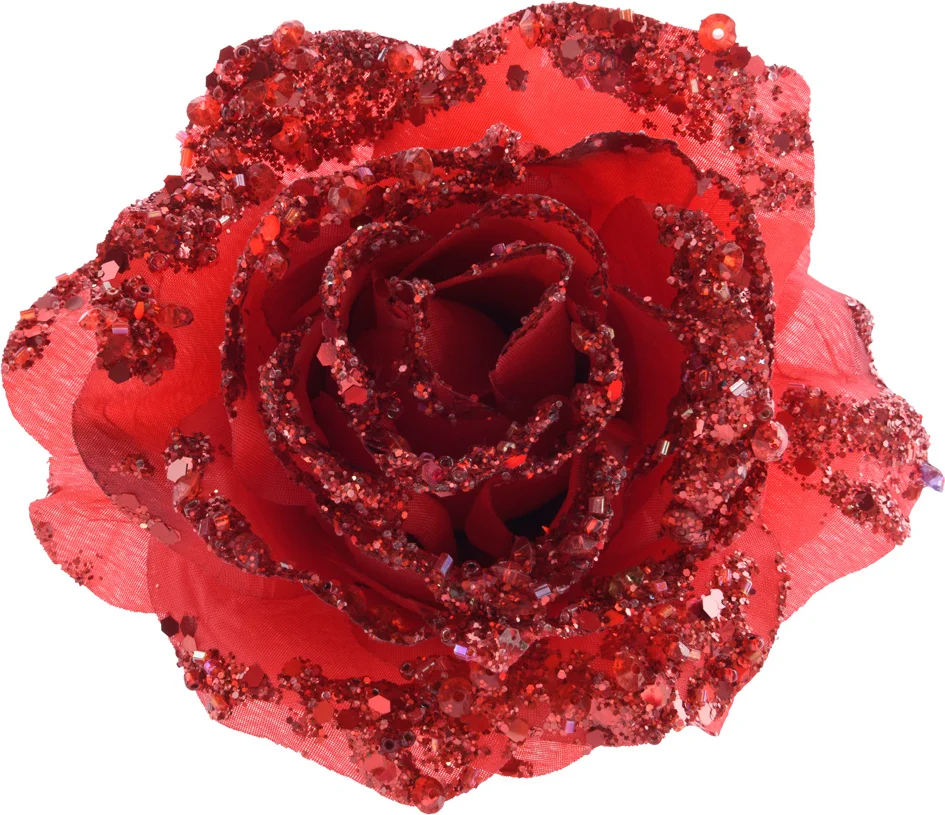 Decoris kerstclip roos met glitters D 14 cm rood
