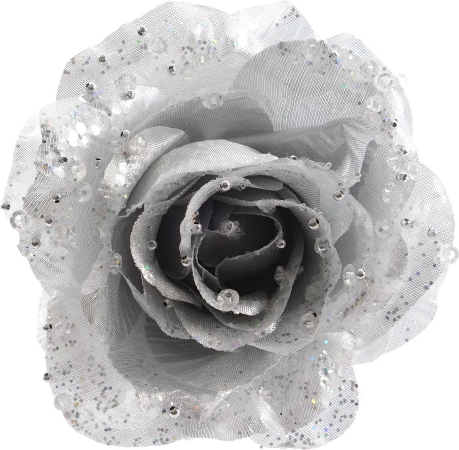 Decoris kerstclip roos met glitters D 14 cm zilver