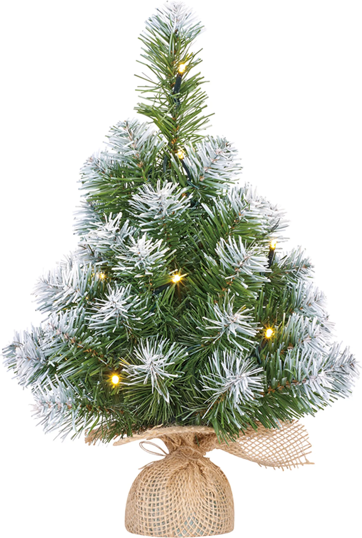 Black Box mini kunstkerstboom Norton besneeuwd op jute voet met 10 lampjes warm wit D 28 H 45 cm