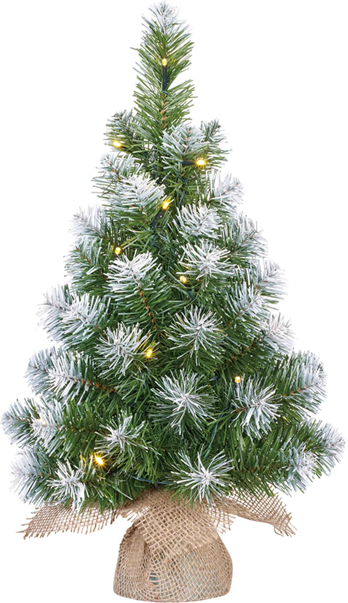 Black Box mini kunstkerstboom Norton besneeuwd op jute voet met 15 lampjes warm wit D 31 H 60 cm