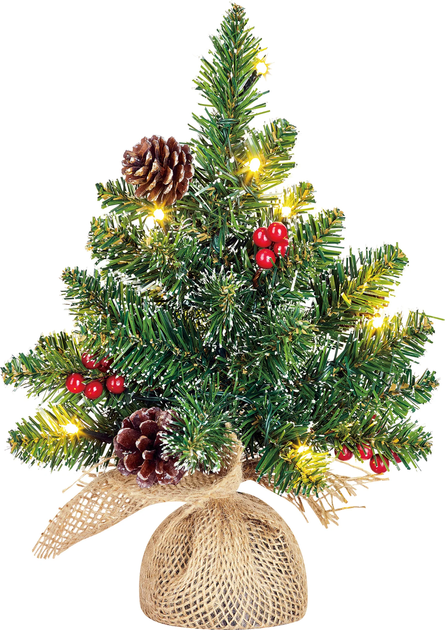 Black Box mini kunstkerstboom Creston met versiering met 10 lampjes warm wit op jute voet D 24 H 35 cm