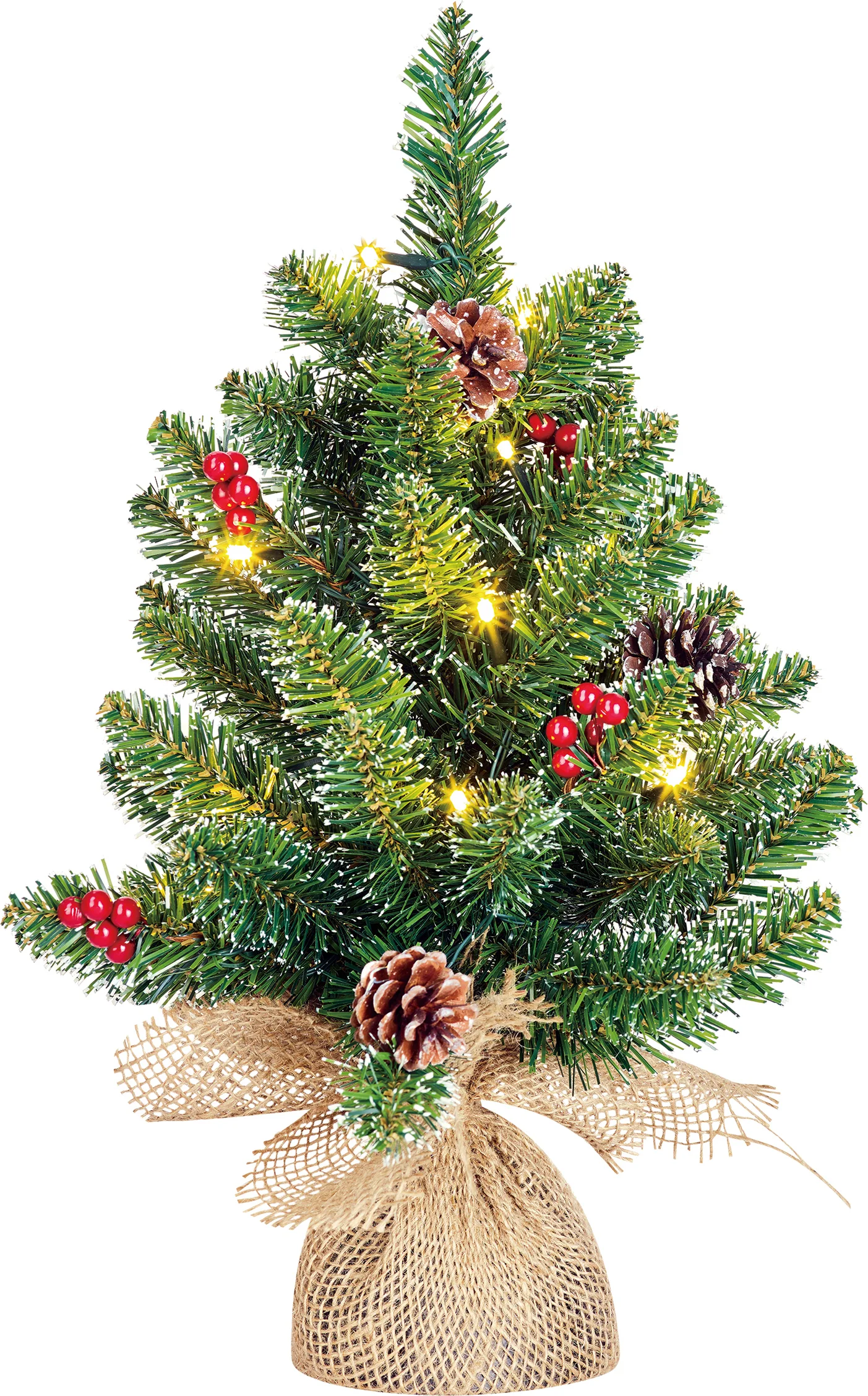 Black Box mini kunstkerstboom Creston met versiering met 15 lampjes warm wit op jute voet D 35 H 45