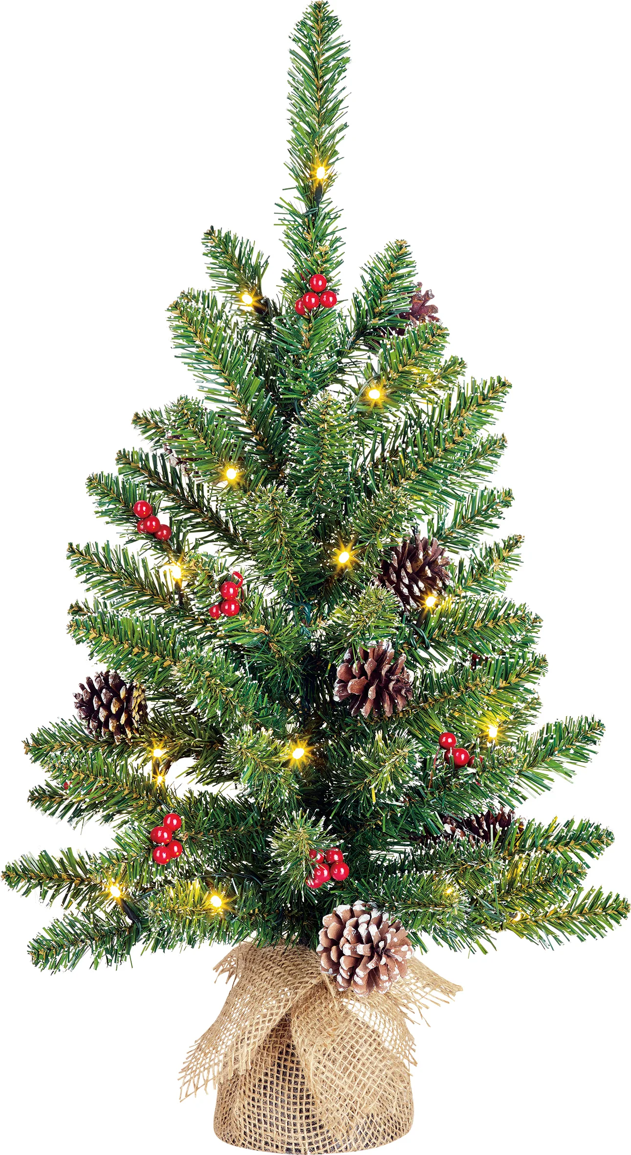 Black Box mini kunstkerstboom Creston met versiering met 20 lampjes warm wit op jute voet D 41 H 60 cm