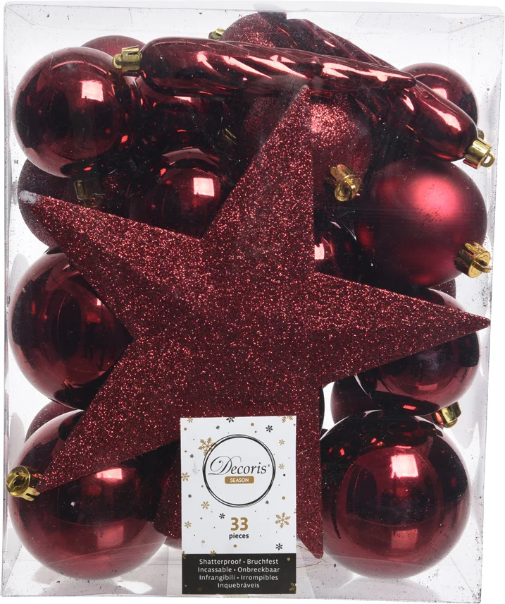 Decoris kerstboomdecoratie Marilene donkerrood 33-delig