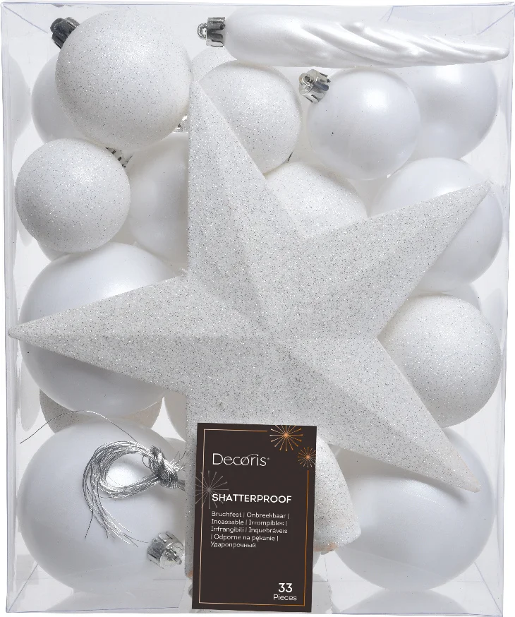 Decoris kerstboomdecoratie Marilene wit D 8 cm 33-delig