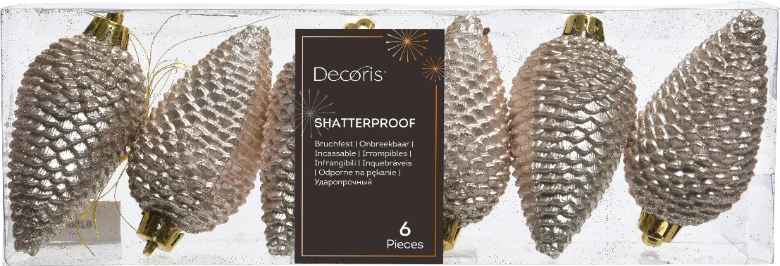 Decoris kerst ornament Manny dennenappel wit 4,5 x 4,5 x 8 cm 6 stuks