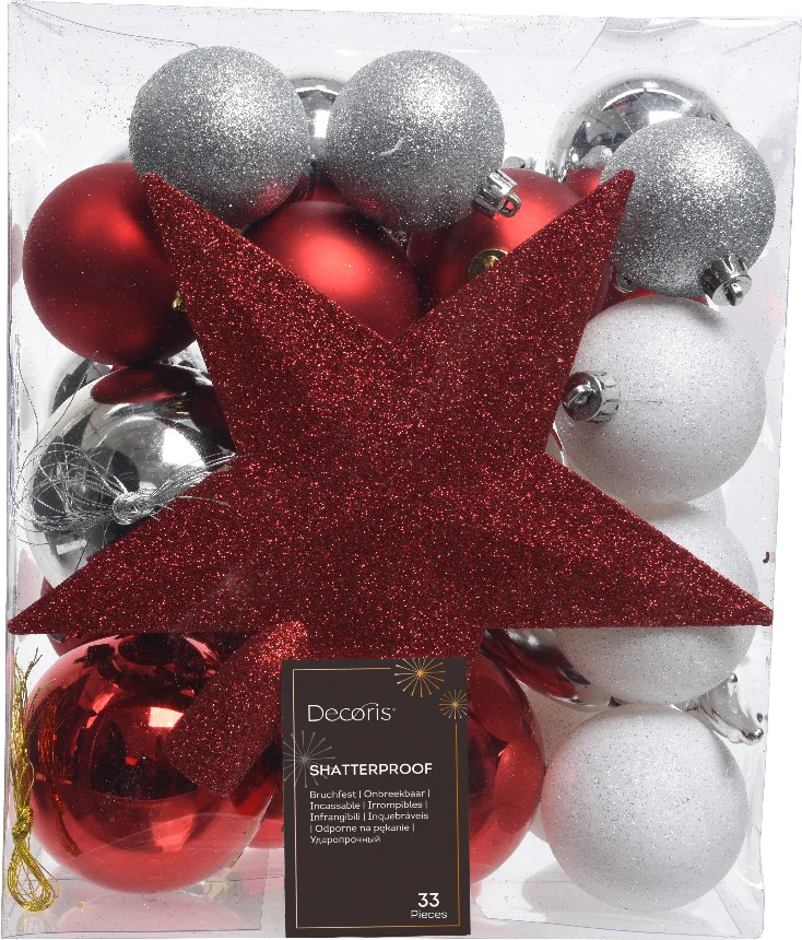 Decoris kerstboomdecoratie Marilene rood / wit D 8 cm 33-delig