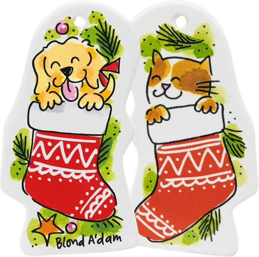 Blond Amsterdam kerst ornament Christmas Cat 9,5 x 9,5 x 1,5 cm