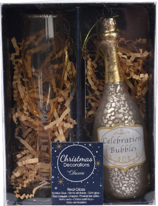 Decoris kerst ornament champagne glas zilver / transparant D 6 H 12,5 cm 2 stuks
