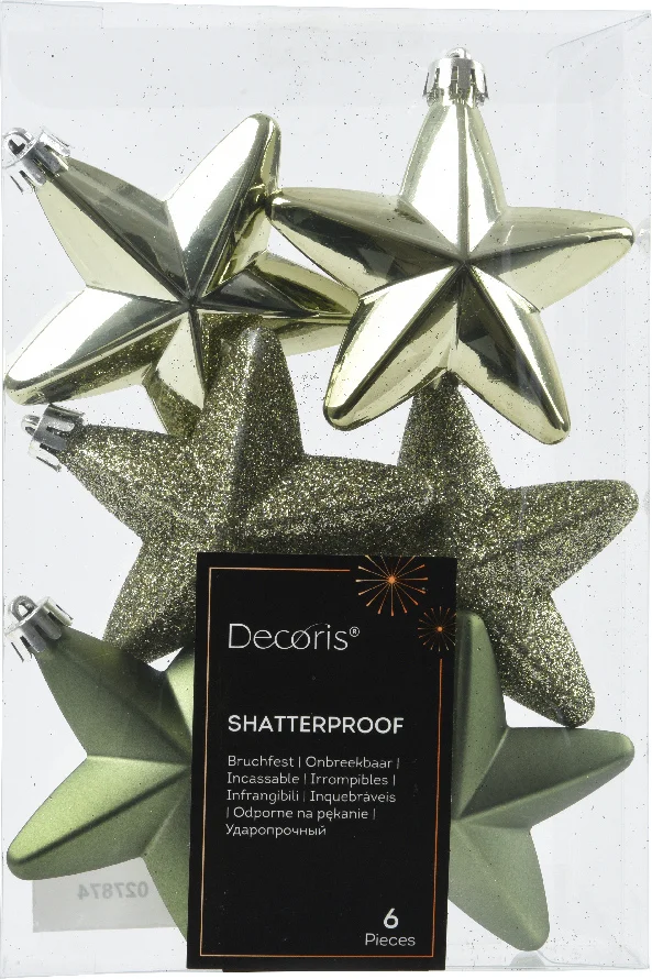 Decoris kerst ornament Marilene ster groen 2 x 7,5 x 7,5 cm 6 stuks