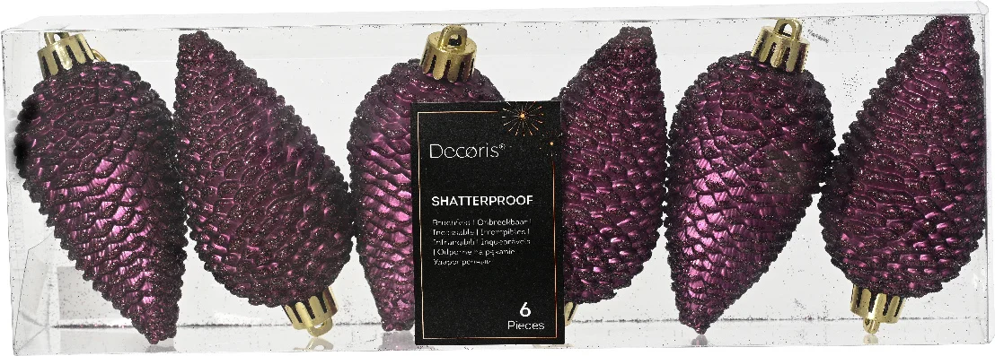 Decoris kerst ornament Manny dennenappel paars 4,5 x 4,5 x 8 cm 6 stuks