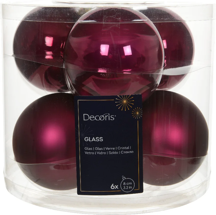 Decoris kerstbal donkerroze D 8 cm 6 stuks