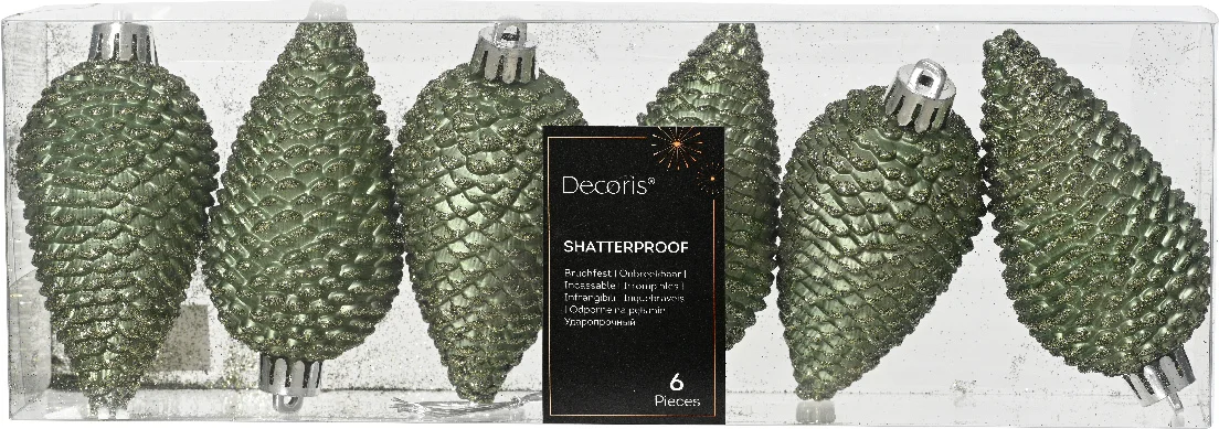 Decoris kerst ornament Manny dennenappel groen 4,5 x 4,5 x 8 cm 6 stuks