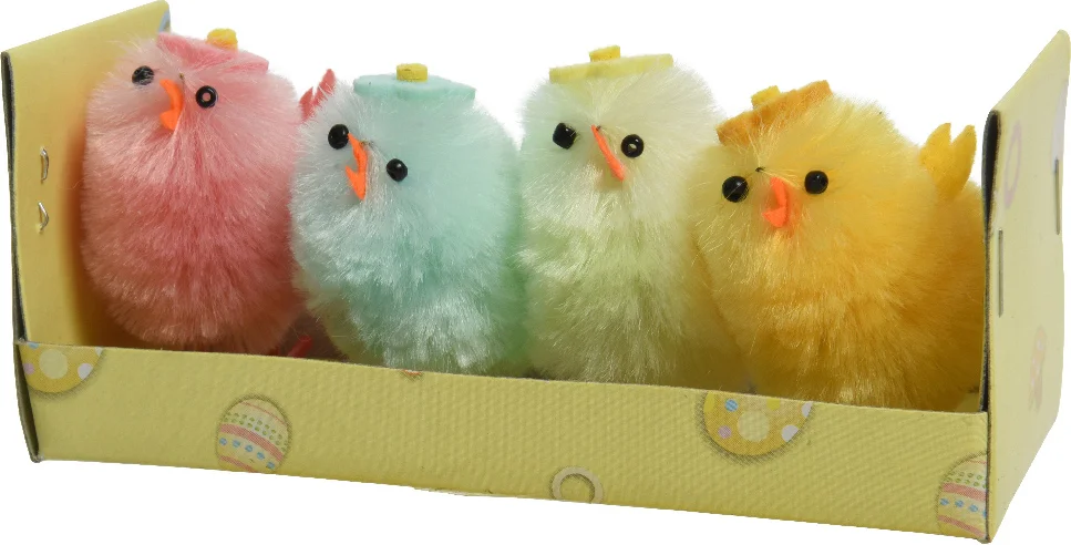 Decoris kip chenille multi 3 x 2,8 x 4 cm 4 stuks