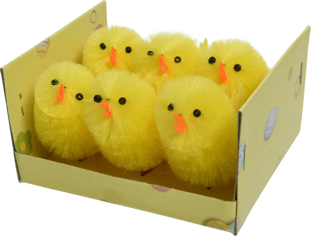 Decoris kip chenille geel 3 x 2,8 x 4 cm 6 stuks